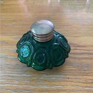 Green glass ink well with silver flip top